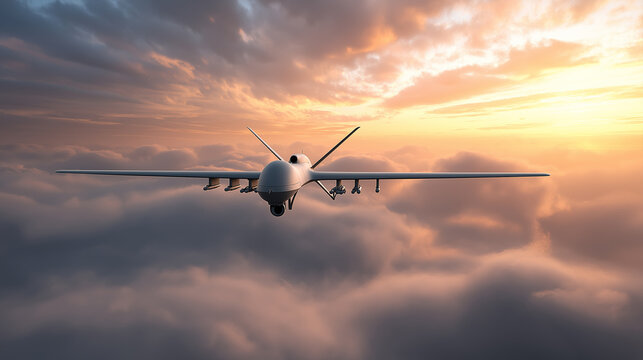 Unmanned aerial drone flying above clouds during a dramatic sunset.
