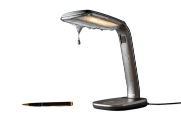 Modern desk lamp with dripping water and luxury pen, capturing innovation and creative flow