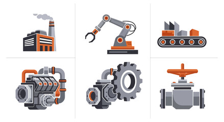 Fototapeta premium Industrial icons set of factory buildings robotic arm and machinery elements