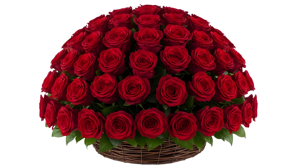 A large bouquet of red roses arranged in a circular pattern in a wicker basket on transparent background