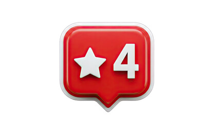 3D Red notification badge with a star and the number 4 on transparent background