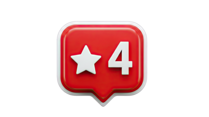 3D Red notification badge with a star and the number 4 on transparent background