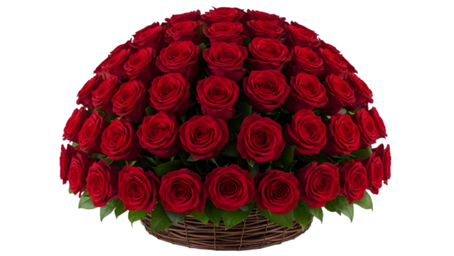 A large bouquet of red roses arranged in a circular pattern in a wicker basket on transparent background - Powered by Adobe