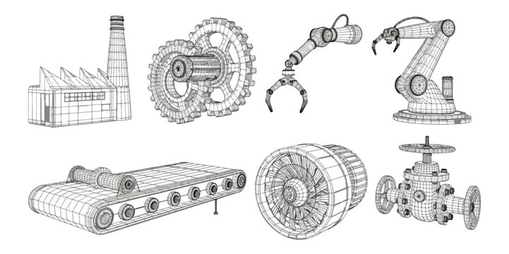 Industrial components and machinery illustrations for design and production