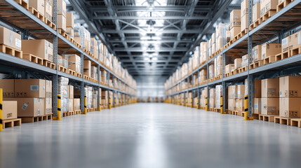 A large organized warehouse aisle filled with stacked cardboard boxes in a logistics center.
