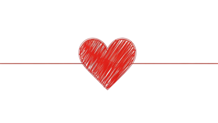 A red heart shape hanging on a thin red line isolated on transparent background with a sketchy texture