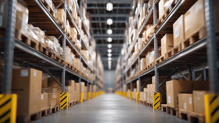 A large organized warehouse aisle filled with stacked cardboard boxes in a logistics center.
