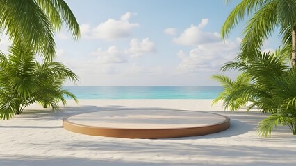 Serene beach scene with circular platform and palm trees