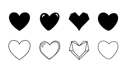 Collection of various heart shapes in black and white on transparent background