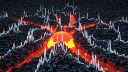 Crimson Molten Orb Amid Dark Geometric Blocks