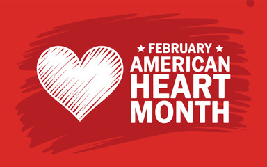 Red background with white heart and American Heart Month text