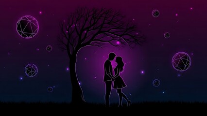 Mysterious silhouette couple under a tree with glowing purple orbs floating around