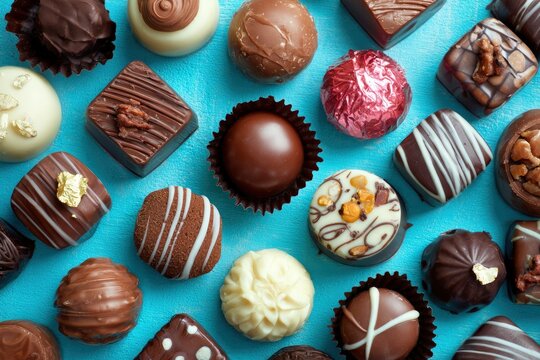 A vibrant, overhead flat lay composition showcases an assorted collection of luxurious gourmet chocolates and decadent truffles, artfully arranged on a textured turquoise surface. Each confection boas