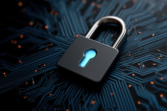 Digital security padlock on circuit board glowing blue keyhole evokes data protection and cybersecurity awareness in modern technology landscape