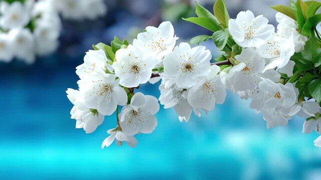 Beautiful white cherry blossom branch with delicate petals and fresh green leaves gently swaying in the breeze over a shimmering turquoise water surface, creating a peaceful and serene scene