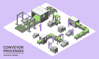 Cartoon Color Conveyor Processes Factory Concept 3d Isometric View Line Elements Automated Label Packaging, Handling Unit and Box Flow Terminal . Vector illustration