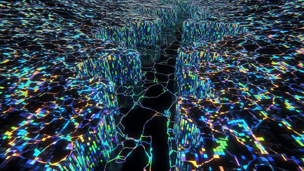 Neon Data Blocks in Futuristic Grid