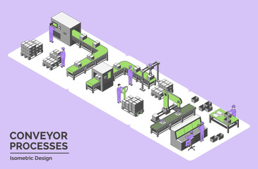 Cartoon Color Conveyor Processes Factory Concept 3d Isometric View Line Elements Box Flow Terminal, Automated Handling Unit and Assembly Inspection Line. Vector illustration