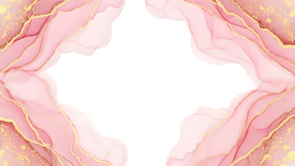 Elegant pink and gold abstract frame with wavy lines and luxurious texture on transparent background