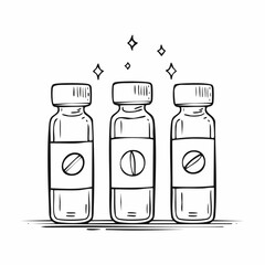 Hand Drawn Medicine Bottles with Pills Doodle Illustration