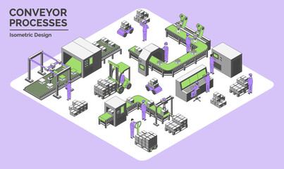 Cartoon Color Conveyor Processes Factory Concept 3d Isometric View Line Elements Label Packaging, Assembly Inspection Line, Loading Tray and Handling Unit. Vector illustration