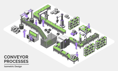 Cartoon Color Conveyor Processes Factory Concept 3d Isometric View Line Elements Waterhouse Packing, Cargo Rise and Robotic Filling Conveyor. Vector illustration
