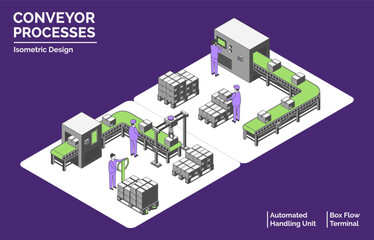 Cartoon Color Conveyor Processes Factory Concept 3d Isometric View Line Elements Box Flow Terminal and Automated Handling Unit . Vector illustration