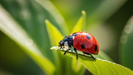 Fototapeta premium Macro shot of ladybug covered in water droplets on bright green leaf.