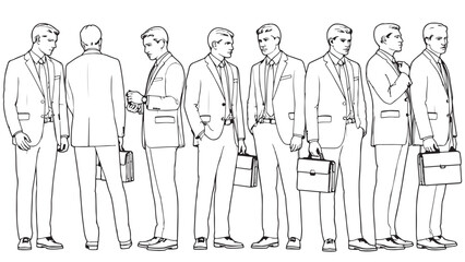 Collection of male business professionals shown from various angles and poses wearing classic suits while holding briefcases or adjusting attire