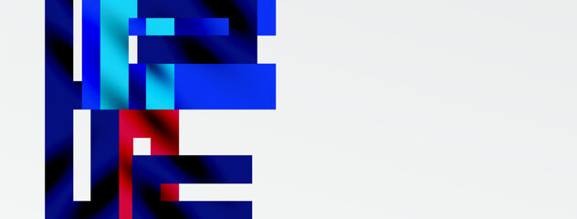 Abstract geometric shapes, blue hues dominate, red accent present. Minimalist design, digital art style, clean composition.