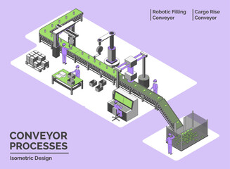 Cartoon Color Conveyor Processes Factory Concept 3d Isometric View Line Elements Robotic Filling and Cargo Rise Conveyor. Vector illustration