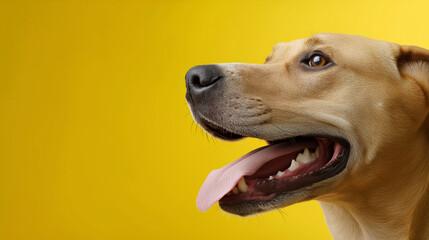 A joyful dog looking upward with mouth open on a yellow studio background.
