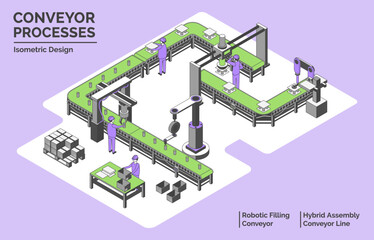 Cartoon Color Conveyor Processes Factory Concept 3d Isometric View Hybrid Assembly Line and Robotic Filling Conveyor. Vector illustration