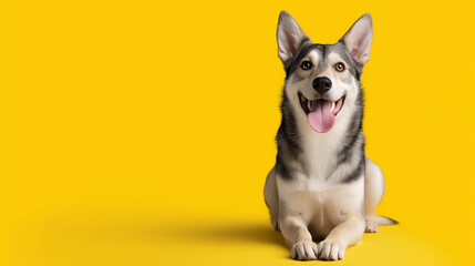 A joyful dog looking upward with mouth open on a yellow studio background.
