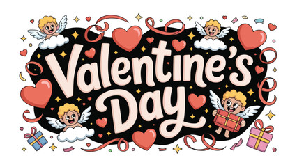 Fototapeta premium Valentine's Day Delight: A vibrant illustration for Valentine's Day features charming cherubs, hearts, and celebratory elements, perfect for expressing love and affection. 