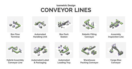 Cartoon Color Different Types Conveyor Lines Concept for Factory 3d Isometric View Line Elements. Vector illustration