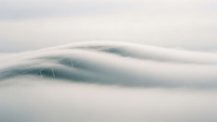 Cinematic fog landscape with mysterious unseen massive structure emerging subtly through mist, abstract atmospheric wide long shot, minimal calm mood, conceptual background for film and design
