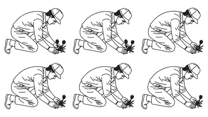 Obraz premium Gardener carefully tending to small plant sprouts while kneeling in an illustration demonstrating repetitive agricultural care and cultivation techniques.