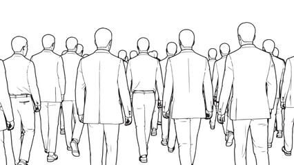 Black and white line art illustration depicting a large group of businessmen walking away from the viewer wearing formal suits and trousers in a unified movement.