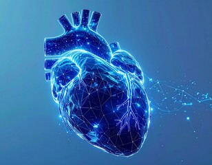 Digitally rendered human heart illustration with glowing blue lines