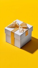 Elegant white gift box with golden ribbon on a yellow background symbolizing luxury and premium celebration.
