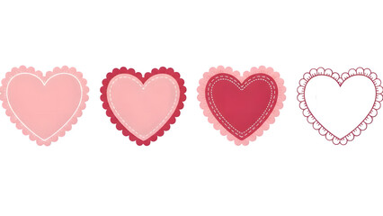 Four cute pink and red heart shapes with different patterns and textures on transparent background