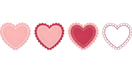 Four cute pink and red heart shapes with different patterns and textures on transparent background