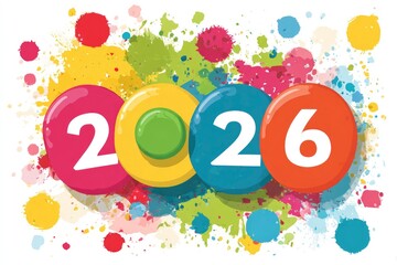 This vibrant, abstract graphic design features the numbers "2026" prominently displayed in large, glossy, colorful circular elements. Each numeral is set within a brightly hued bubble, creating a play