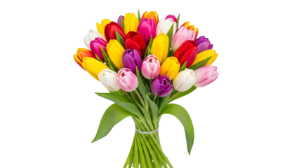A vibrant bouquet of multicolored tulips tied with a white string isolated on transparent background