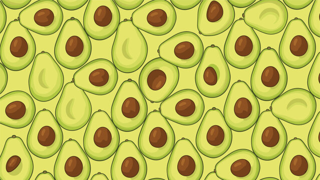 A seamless pattern of ripe avocados, whole and cut in half, creating a vibrant and healthy food background in shades of green.