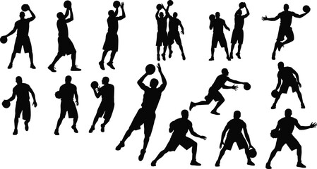 Basketball players in silhouette performing dribbling, shooting, passing, and jumping actions for sport, training, fitness, and athletic design. © Maminul