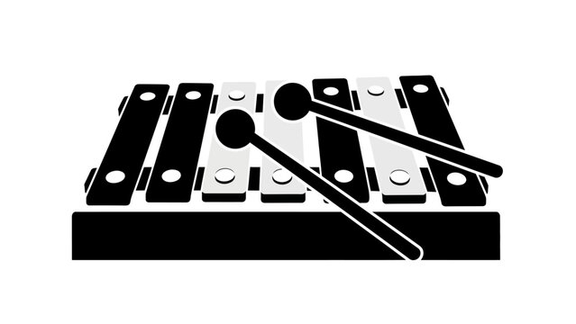 Black and white illustration of a xylophone with mallets.