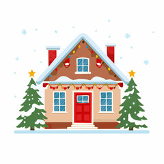 Fototapeta premium A festive cartoon house decorated for Christmas with snow and trees