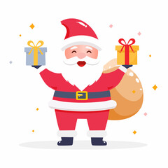 A cheerful cartoon Santa Claus holding gifts and a sack of presents